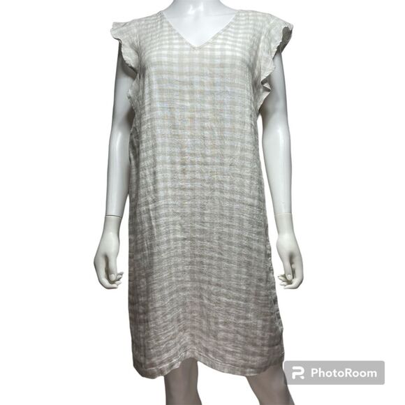 Cynthia Rowley Linen Beige White Gingham Plaid Pull Over Dress Womens Size S - Picture 1 of 8